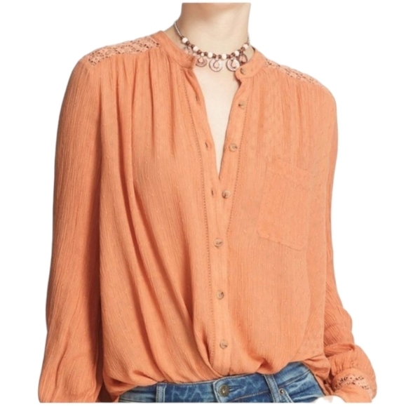 Free People OB495809 The Best Blouse Long Sleeve Button-down Top In Peach - Picture 2 of 11